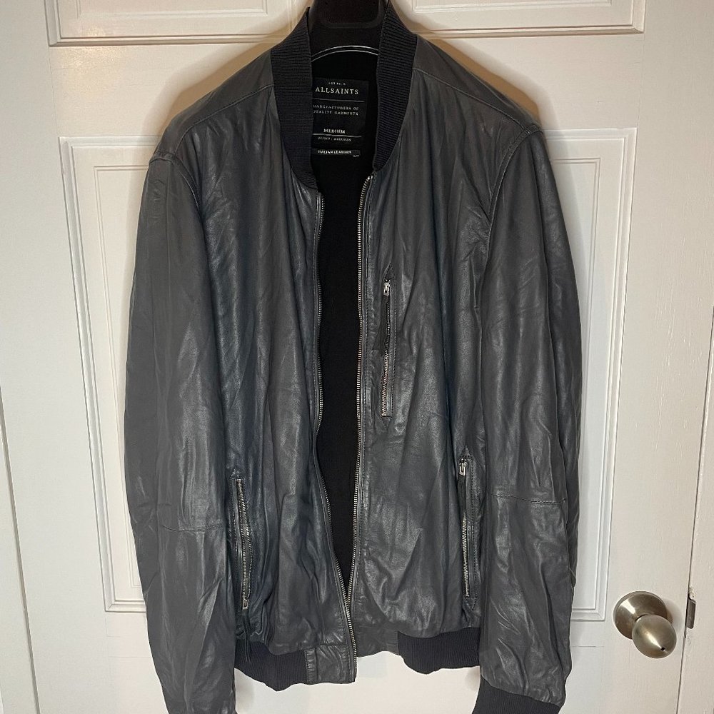 All Saints Charcoal Kino Goat Leather Bomber Jacket
